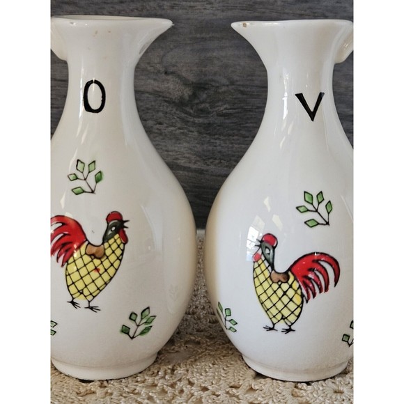 Vintage MCM Ceramic Bottles Rooster Chicken Oil & Vinegar Cruet Set (read) - Picture 6 of 9